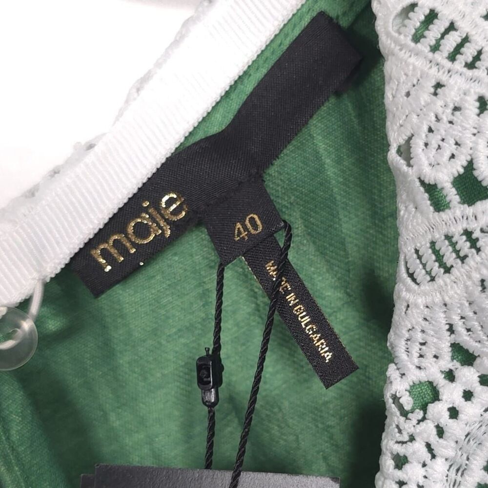 NWT MAJE Women’s‎ Size 40 US 8 LINEN Blend Short Jumpsuit Romper Green Lace - Picture 2 of 16